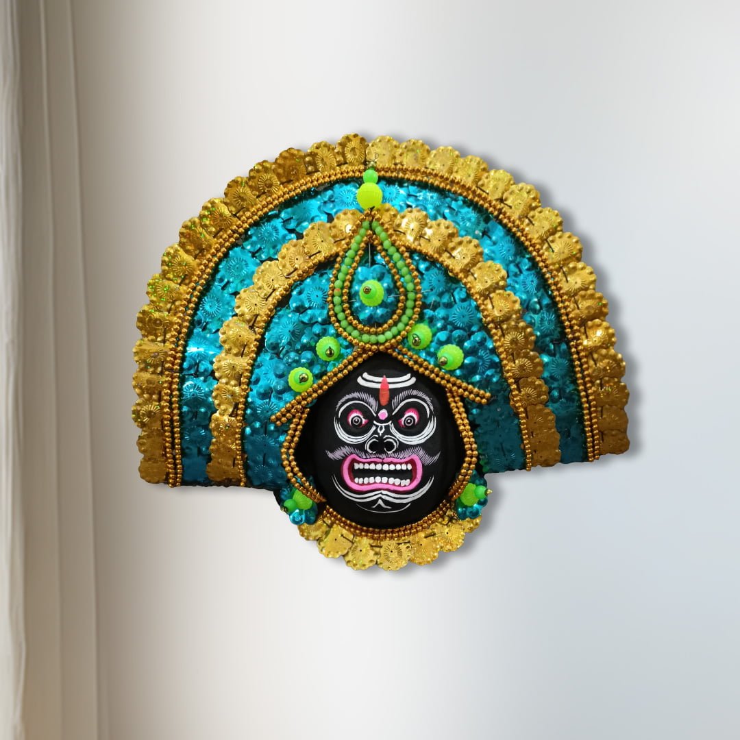 Asura Chhau Mask, Purulia, Medium, Paper Pulp, Blue-Golden, Handmade Wall Hanging