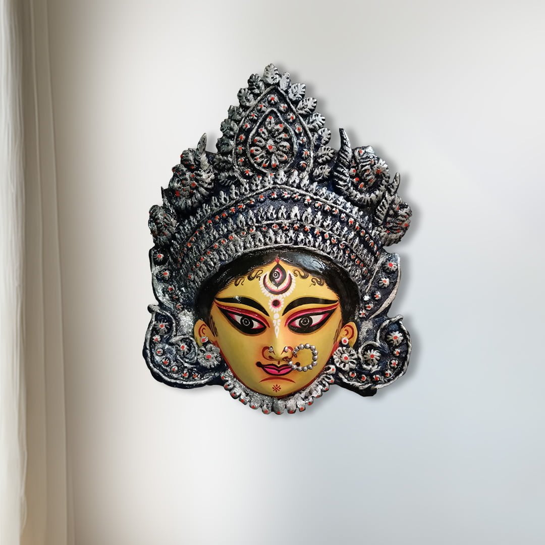 Durga Mask, Purulia, Clay, Paper Pulp, Blue, Small, Handmade Wall Hanging