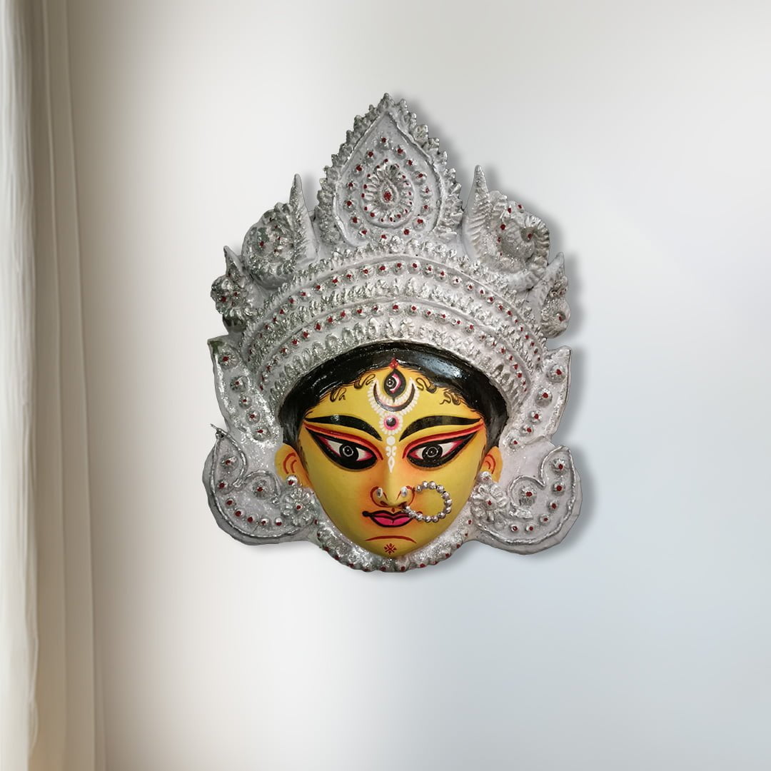 Durga Mask, Purulia, Clay, Paper Pulp, White, Small, Handmade Wall Hanging