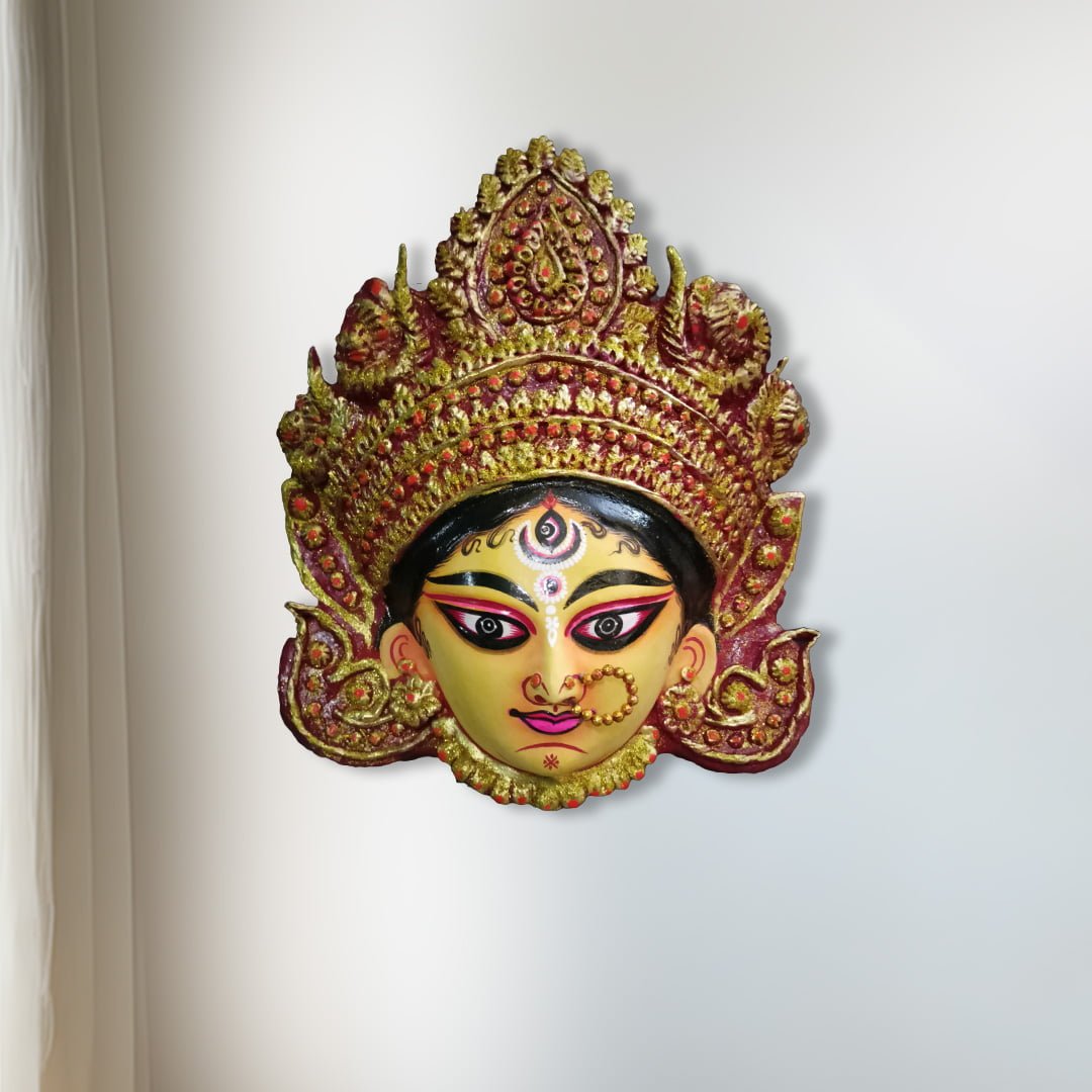 Durga Mask, Purulia, Clay, Paper Pulp, Red, Small, Handmade Wall Hanging