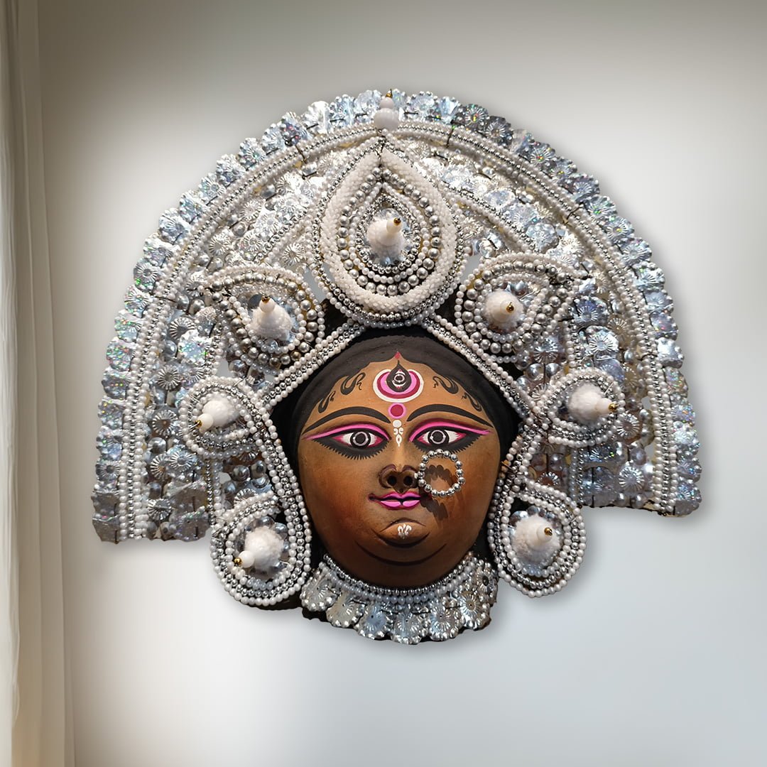 Tribal Durga Chhau Mask, Purulia, Paper Pulp, Silver, Handmade Wall Hanging