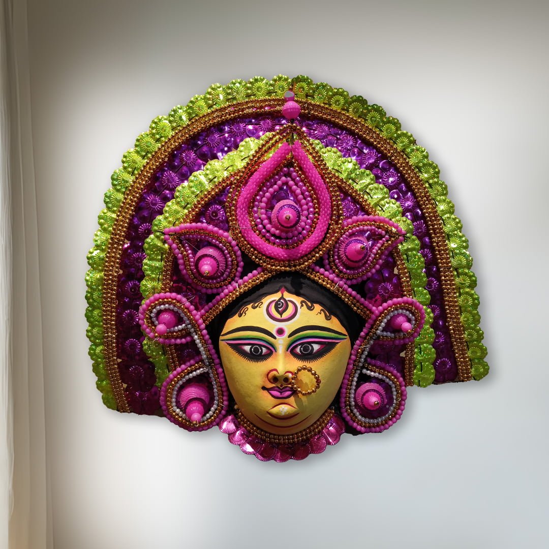 Durga Chhau Mask, Purulia, Paper Pulp, Pink-Green, Handmade Wall Hanging