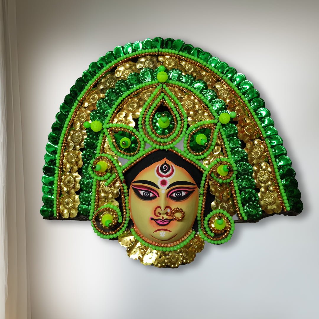 Durga Chhau Mask, Purulia, Medium(S), Paper Pulp, Green-Golden, Handmade Wall Hanging