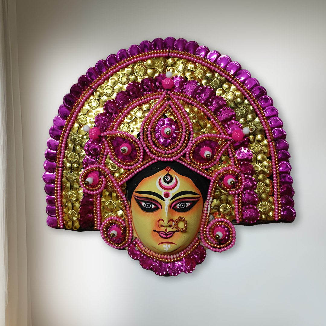 Durga Chhau Mask, Purulia, Medium(S), Paper Pulp, Pink-Golden, Handmade Wall Hanging