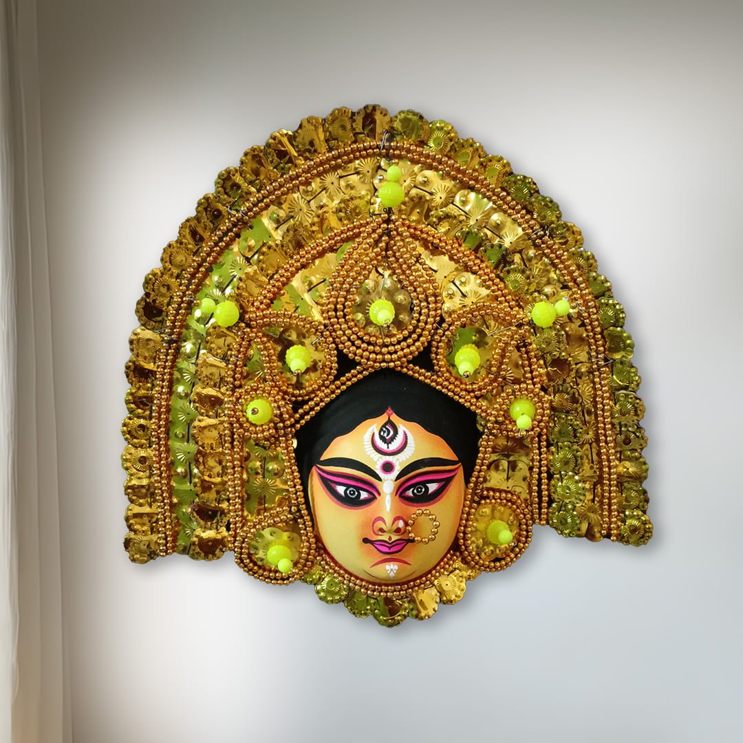 Durga Chhau Mask, Purulia, Medium(S), Paper Pulp, Golden, Handmade Wall Hanging