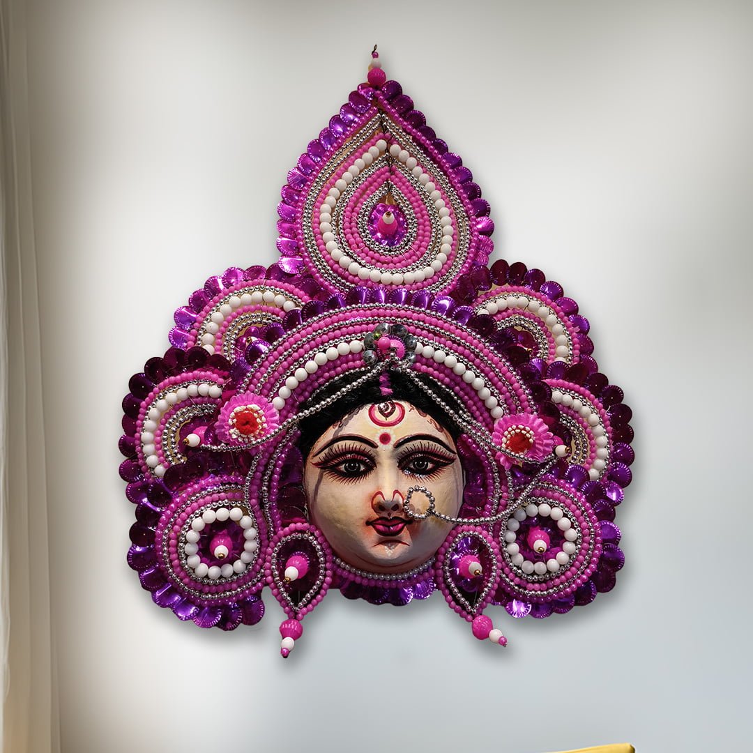 Durga Chhau Mask, Purulia, Premium, Paper Pulp, Pink-Silver, Handmade Wall Hanging