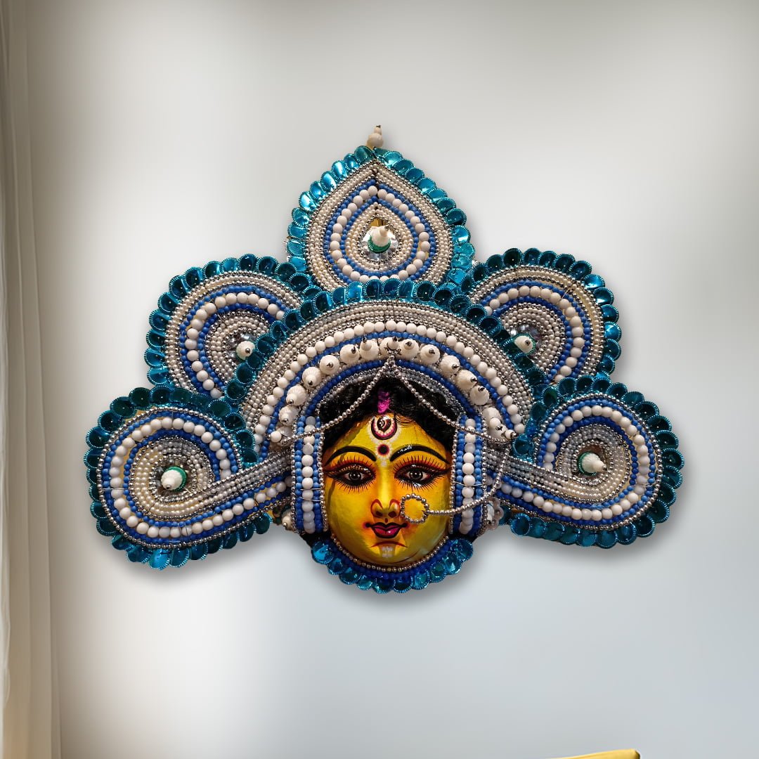 Durga Chhau Mask, Purulia, Premium, Paper Pulp, Blue-Silver, Handmade Wall Hanging