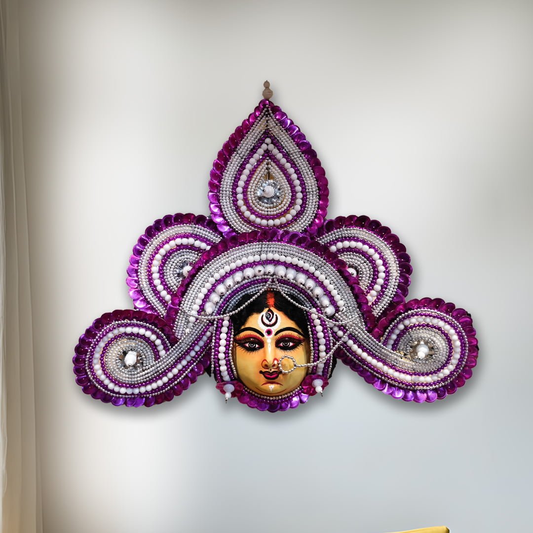 Durga Chhau Mask, Purulia, Premium, Paper Pulp, Pink-Silver, Handmade Wall Hanging