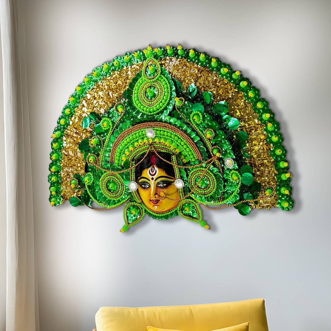 Durga Chhau Mask, Purulia, Premium, XL, Paper Pulp, Green-Golden, Handmade Wall Hanging
