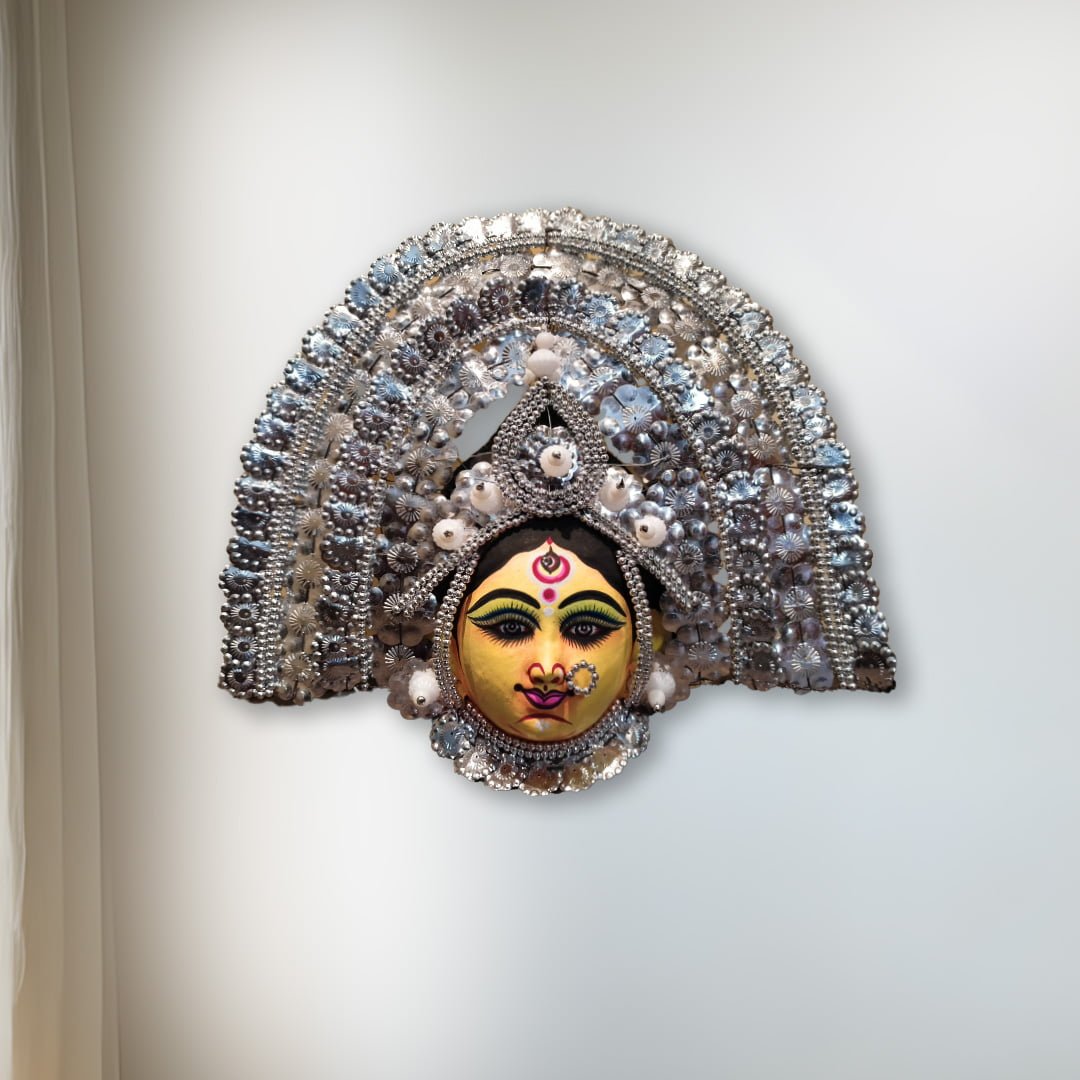 Durga Chhau Mask, Purulia, Medium, Paper Pulp, Silver, Handmade Wall Hanging