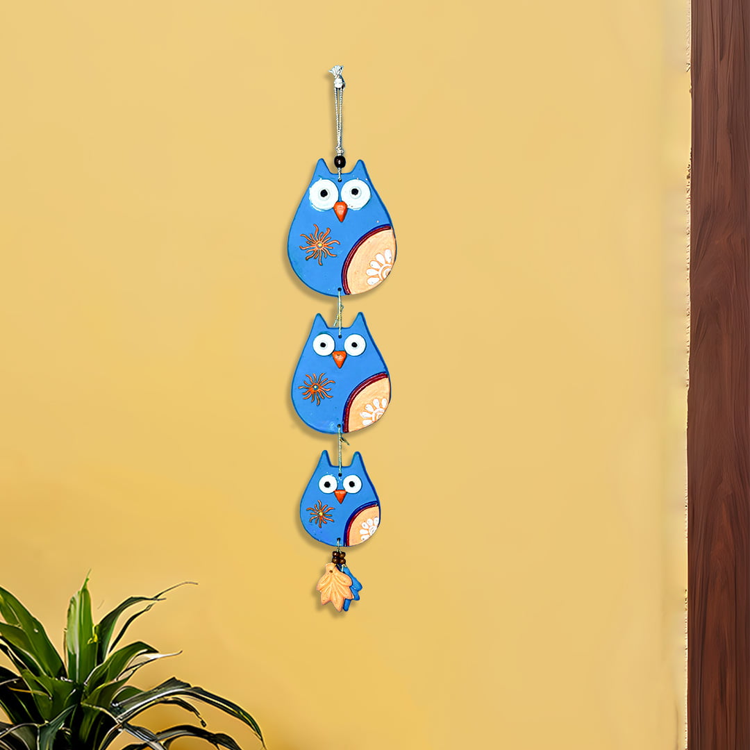 Terracotta Owl Family Wall Hanging, Blue, Handmade & Hand Painted