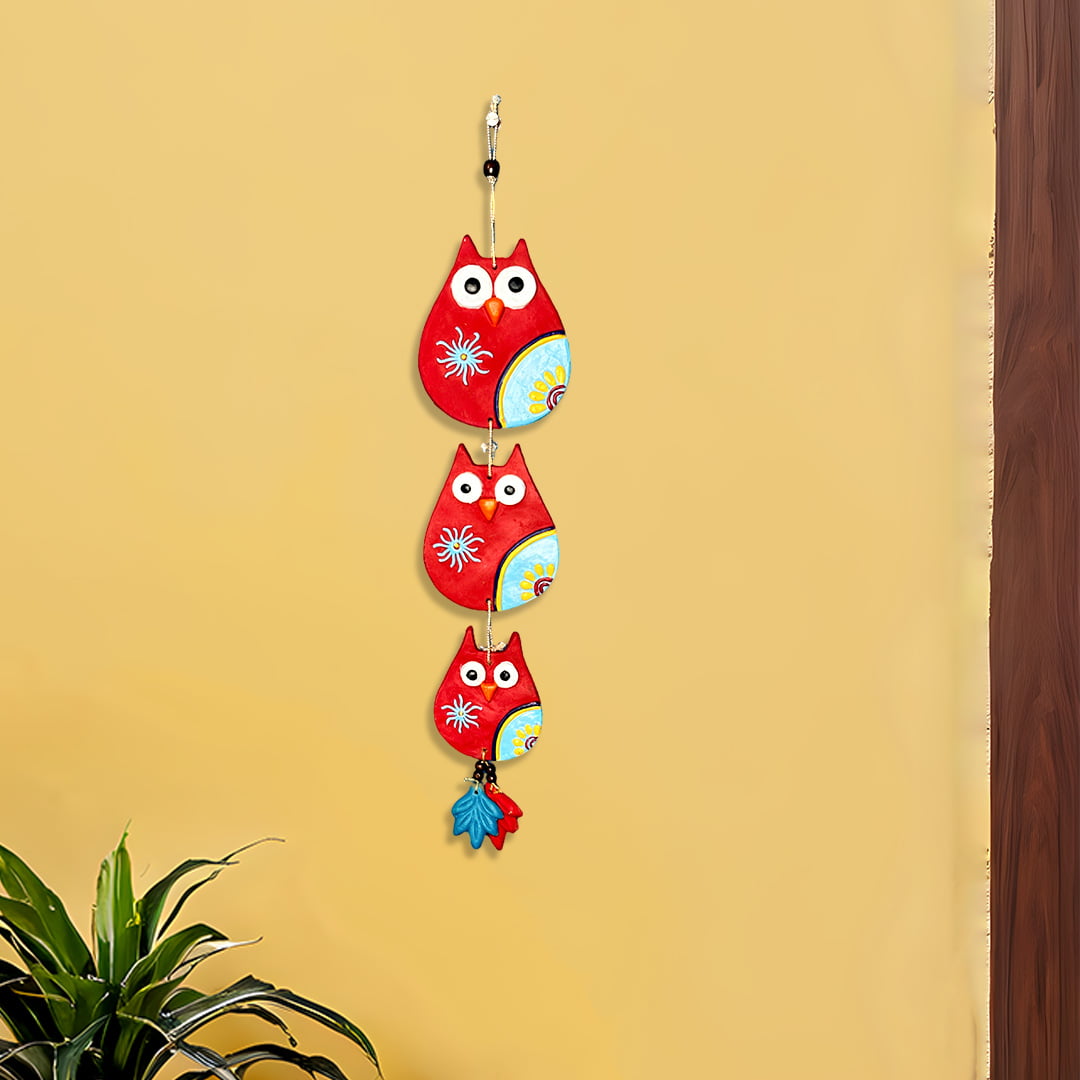 Terracotta Owl Family Wall Hanging, Red, Handmade & Hand Painted