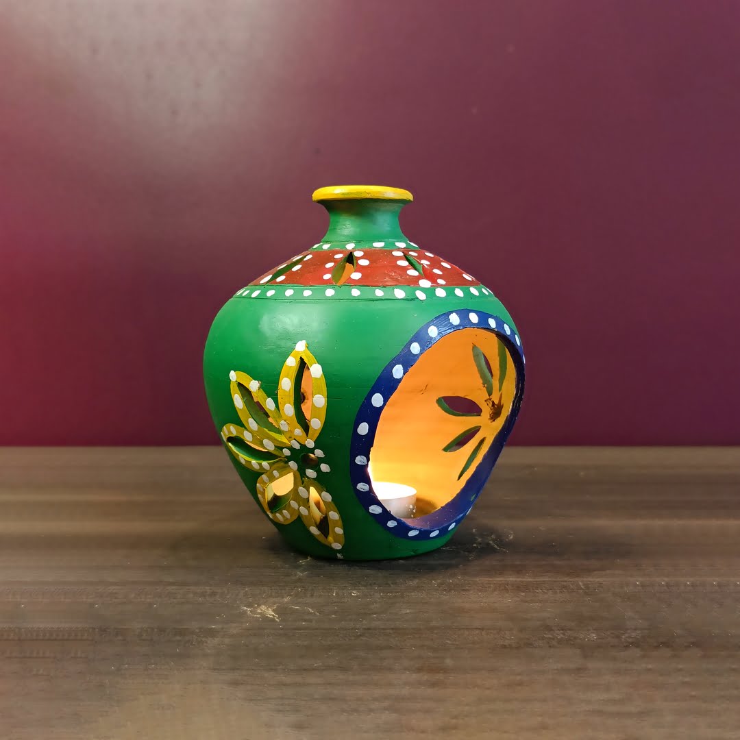 Terracotta Matki Shaped Tealight Holder, Green, Handmade & Hand Painted