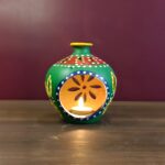 Terracotta Matki Shaped Tealight Holder, Green, Handmade & Hand Painted