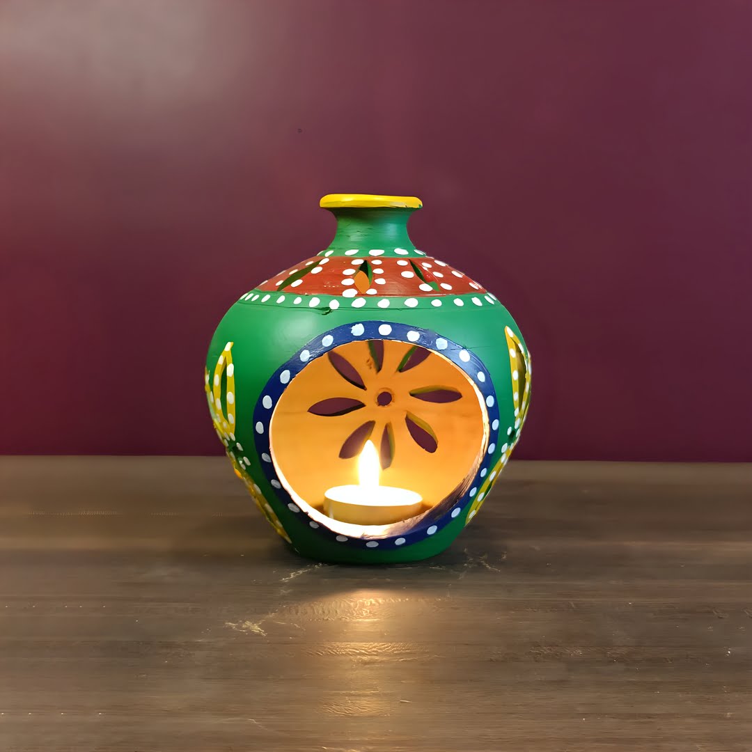 Terracotta Matki Shaped Tealight Holder, Green, Handmade & Hand Painted