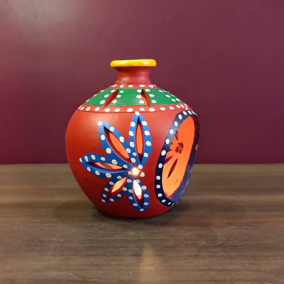 Terracotta Matki Shaped Tealight Holder, Red, Handmade & Hand Painted