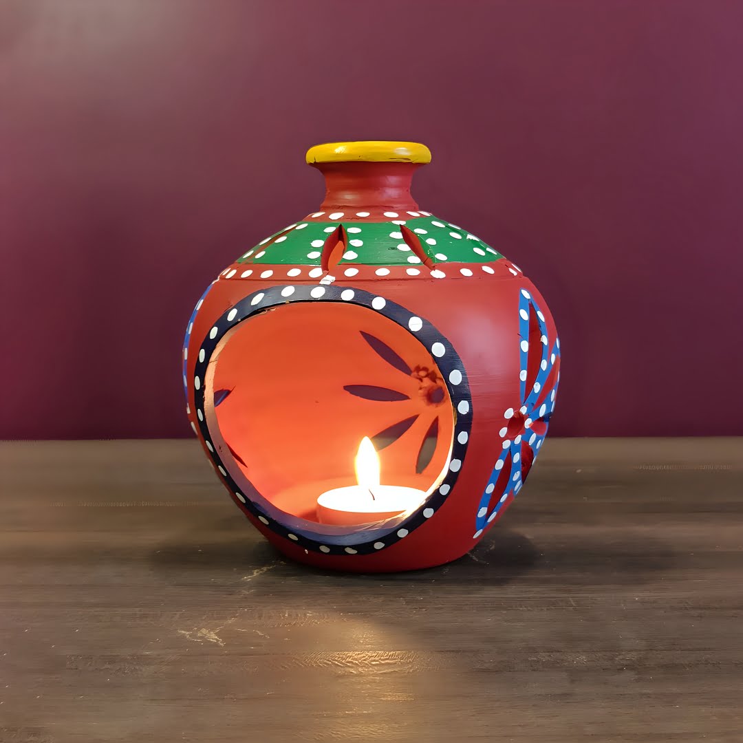Terracotta Matki Shaped Tealight Holder, Red, Handmade & Hand Painted