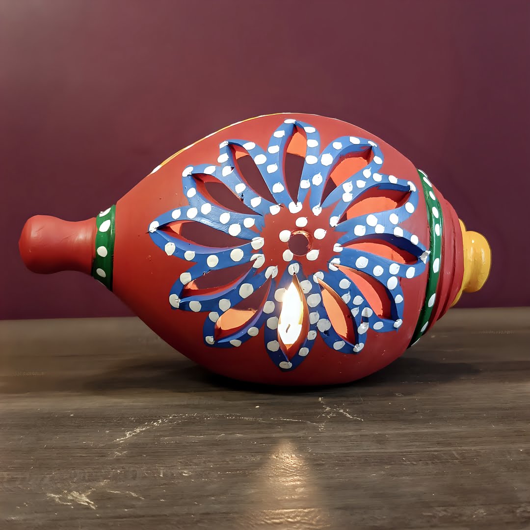 Terracotta Shankh Shaped Tealight Holder, Red, Handmade & Hand Painted