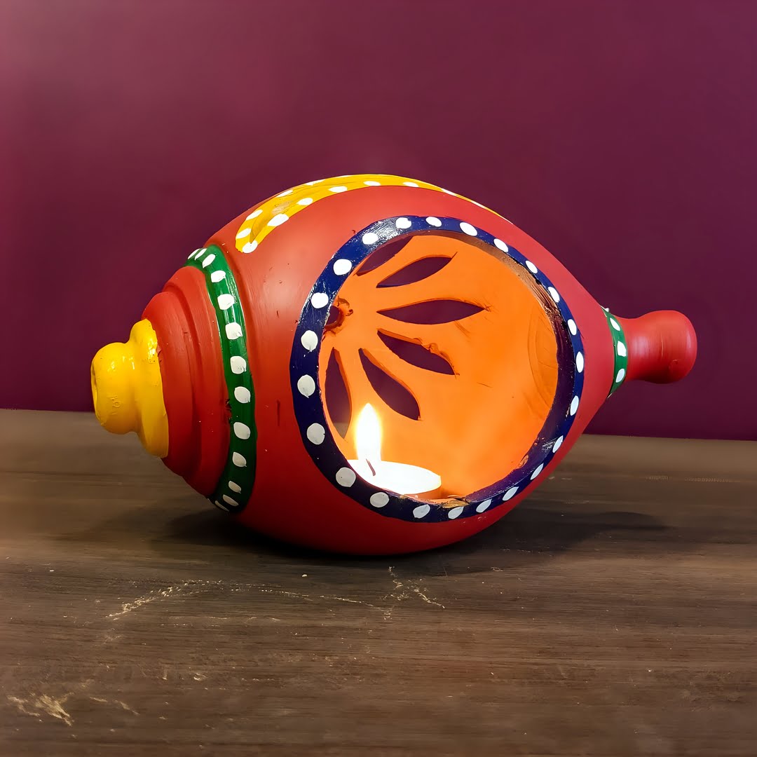 Terracotta Shankh Shaped Tealight Holder, Red, Handmade & Hand Painted