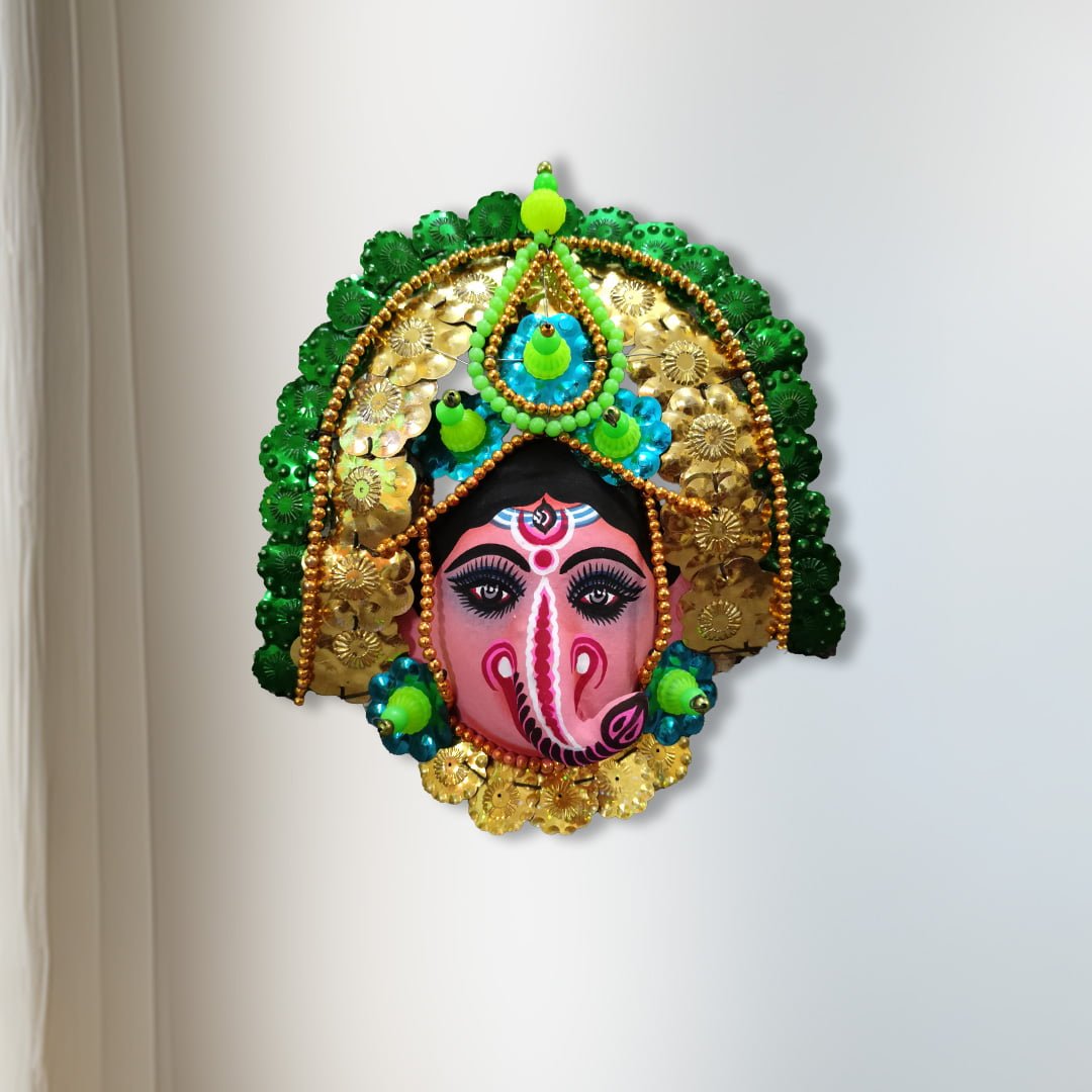 Ganesha Chhau Mask, Purulia, Small, Paper Pulp, Golden-Green, Handmade Wall Hanging