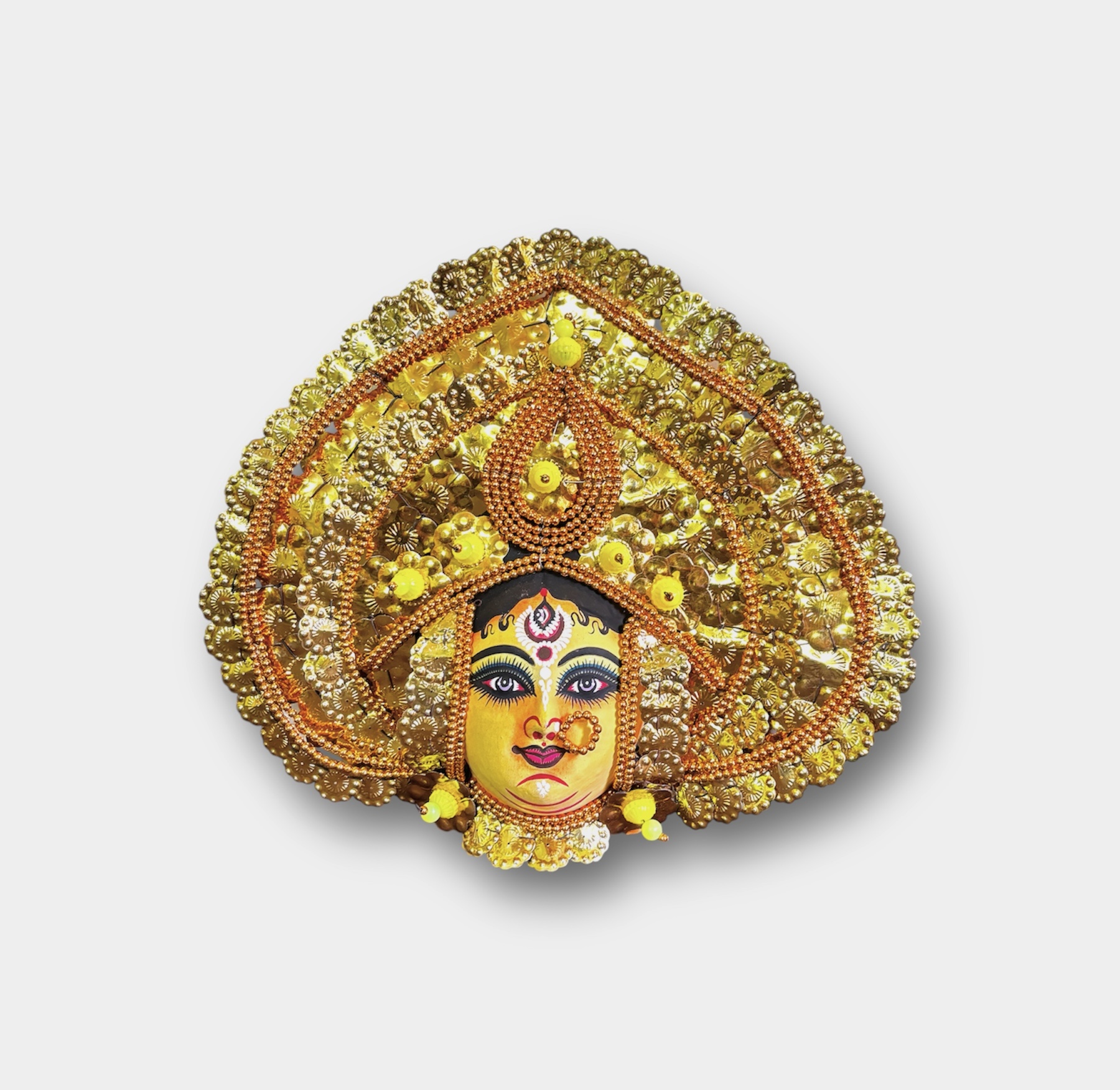 Durga Chhau Mask, Purulia, Medium, Paper Pulp, Golden, Handmade Wall Hanging