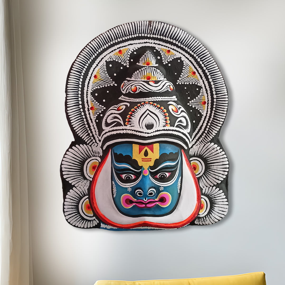 Kathakali Face Mask, 18 inch, Blue, Paper Pulp, Purulia, Handmade Wall Hanging