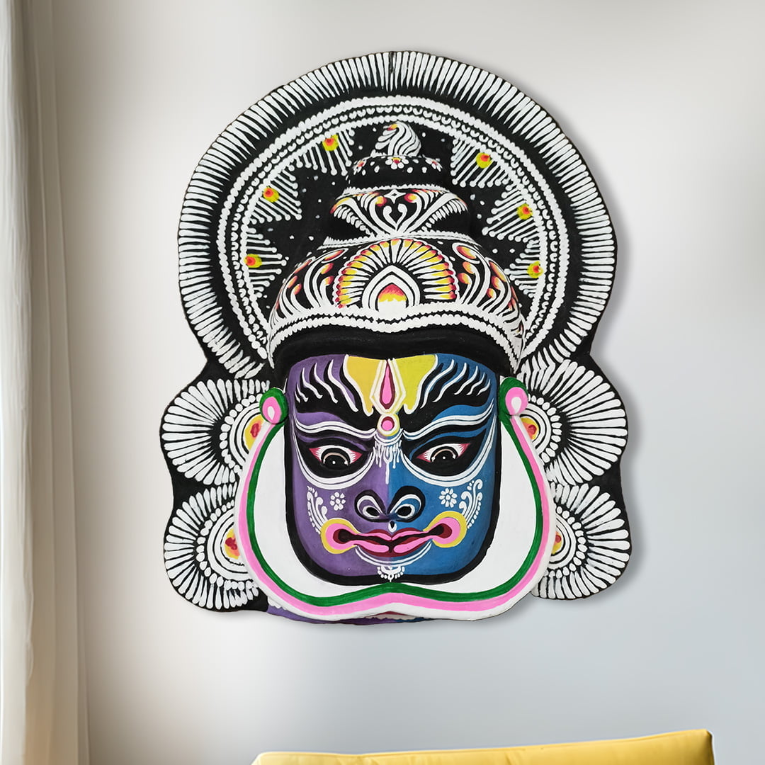 Kathakali Face Mask, 18 inch, Blue-Violet, Paper Pulp, Purulia, Handmade Wall Hanging