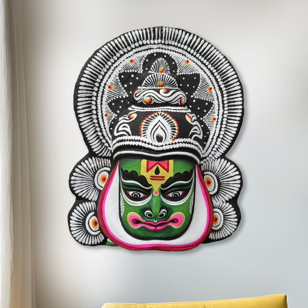 Kathakali Face Mask, 18 inch, Green, Paper Pulp, Purulia, Handmade Wall Hanging