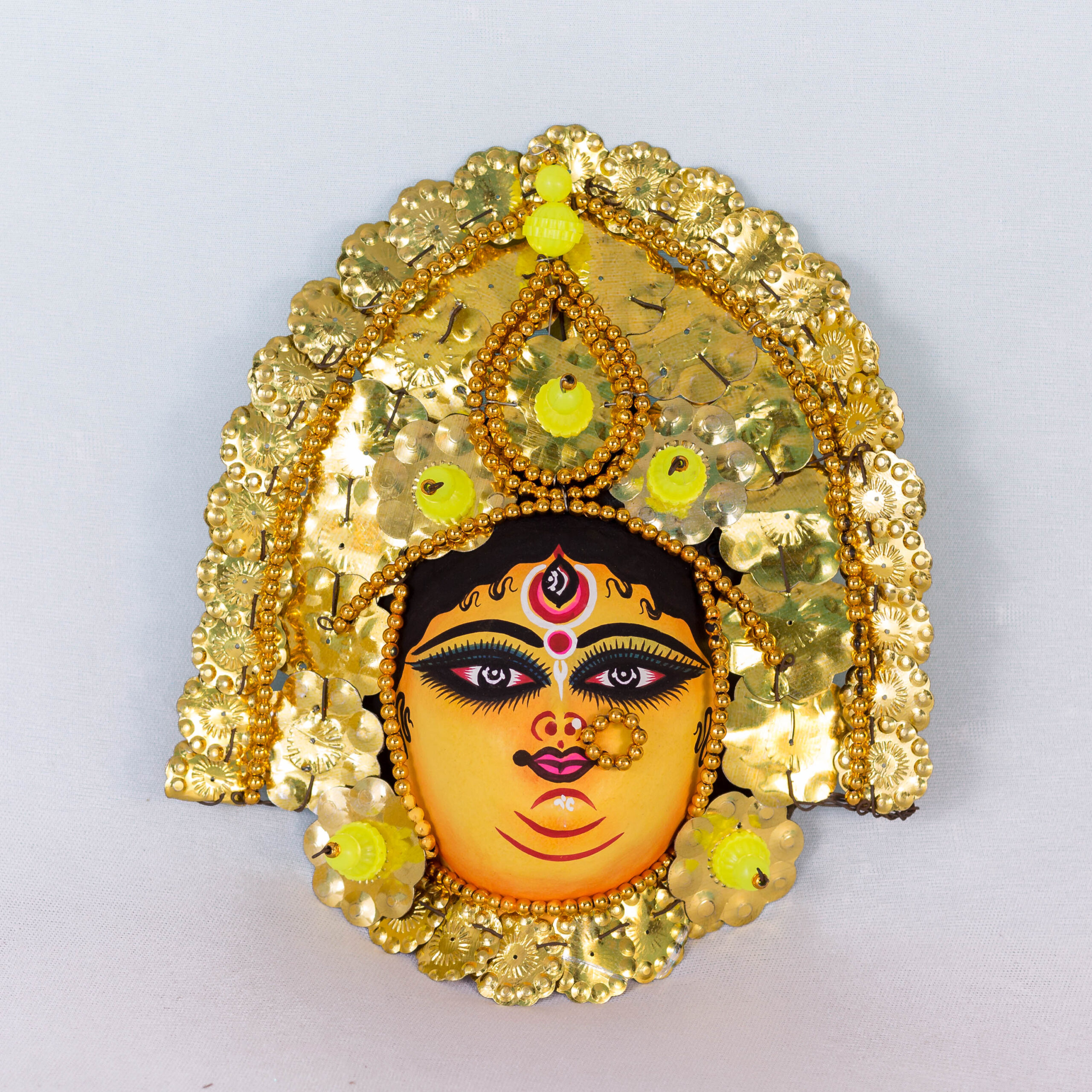 Durga Chhau Mask, Purulia, Small, Paper Pulp, Golden, Handmade Wall Hanging