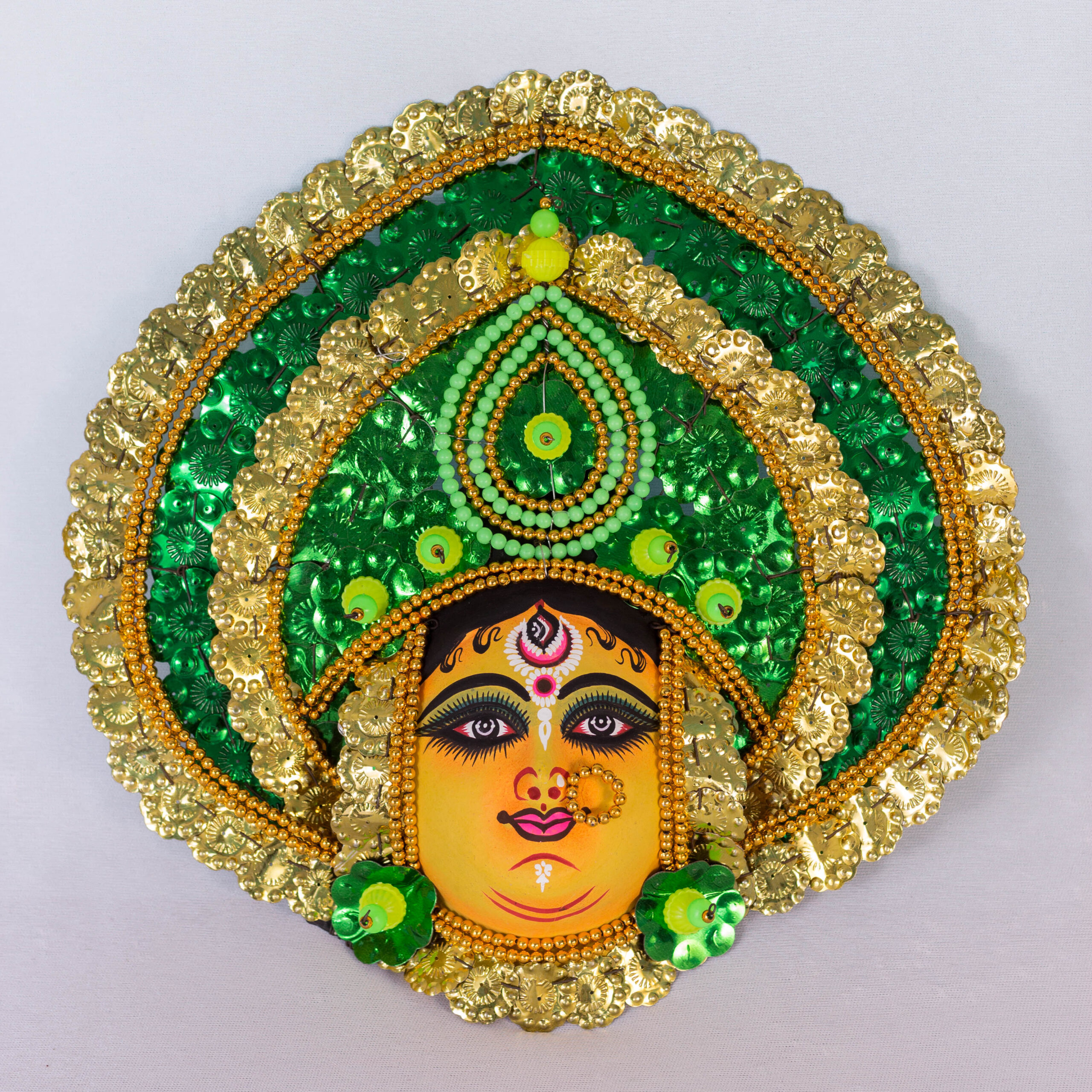 Durga Chhau Mask, Purulia, Medium, Paper Pulp, Green-Golden, Handmade Wall Hanging