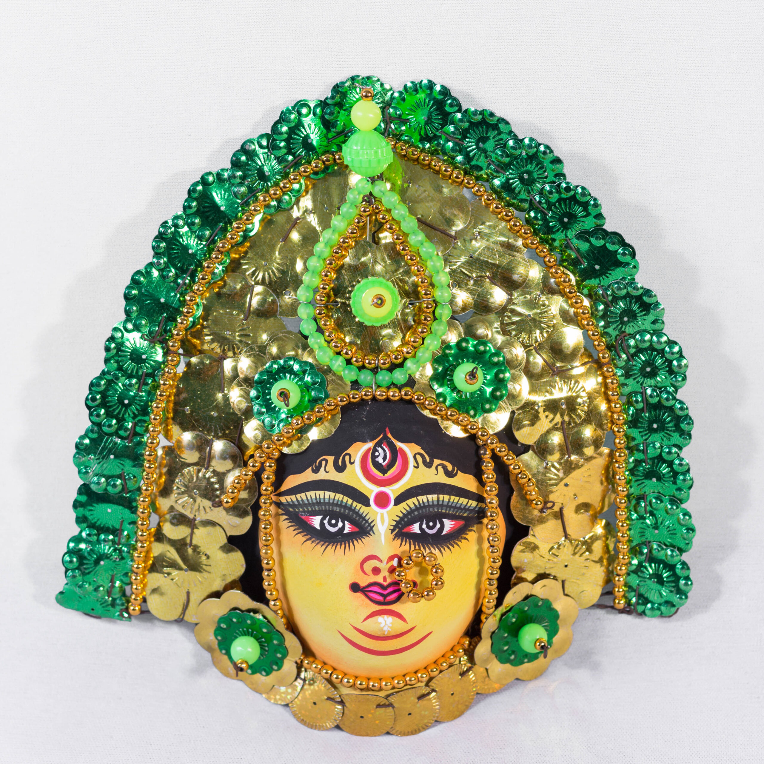 Durga Chhau Mask, Purulia, Small, Paper Pulp, Golden-Green, Handmade Wall Hanging