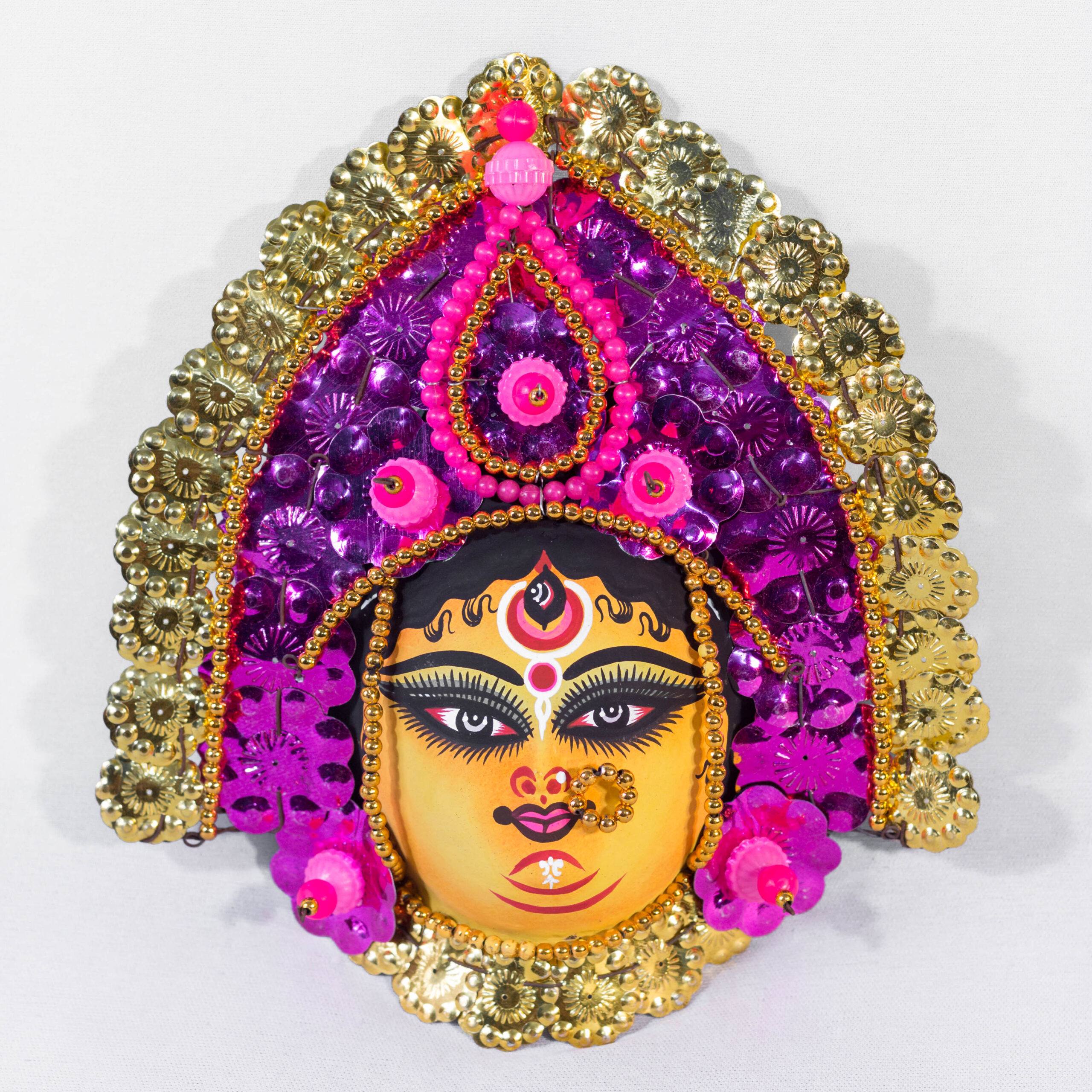 Durga Chhau Mask, Purulia, Small, Paper Pulp, Pink-Golden, Handmade Wall Hanging