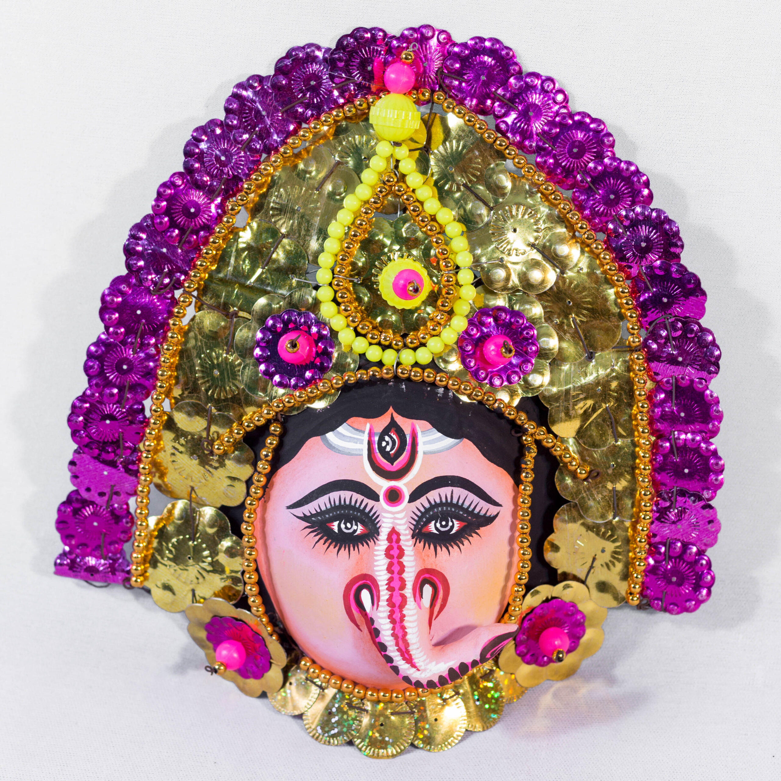 Ganesha Chhau Mask, Purulia, Small, Paper Pulp, Pink-Golden, Handmade Wall Hanging