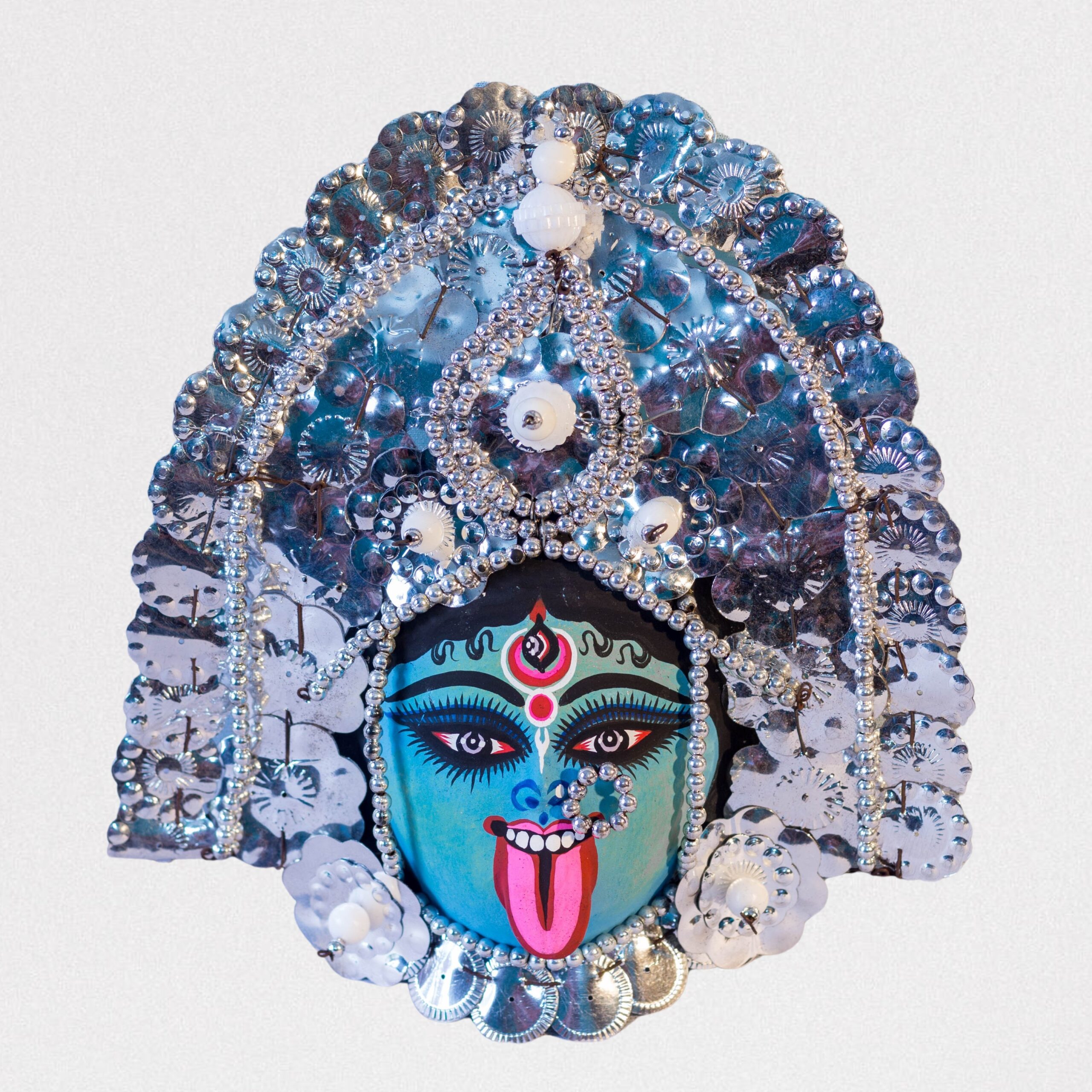 Kali Chhau Mask, Purulia, Small, Paper Pulp, Silver, Handmade Wall Hanging