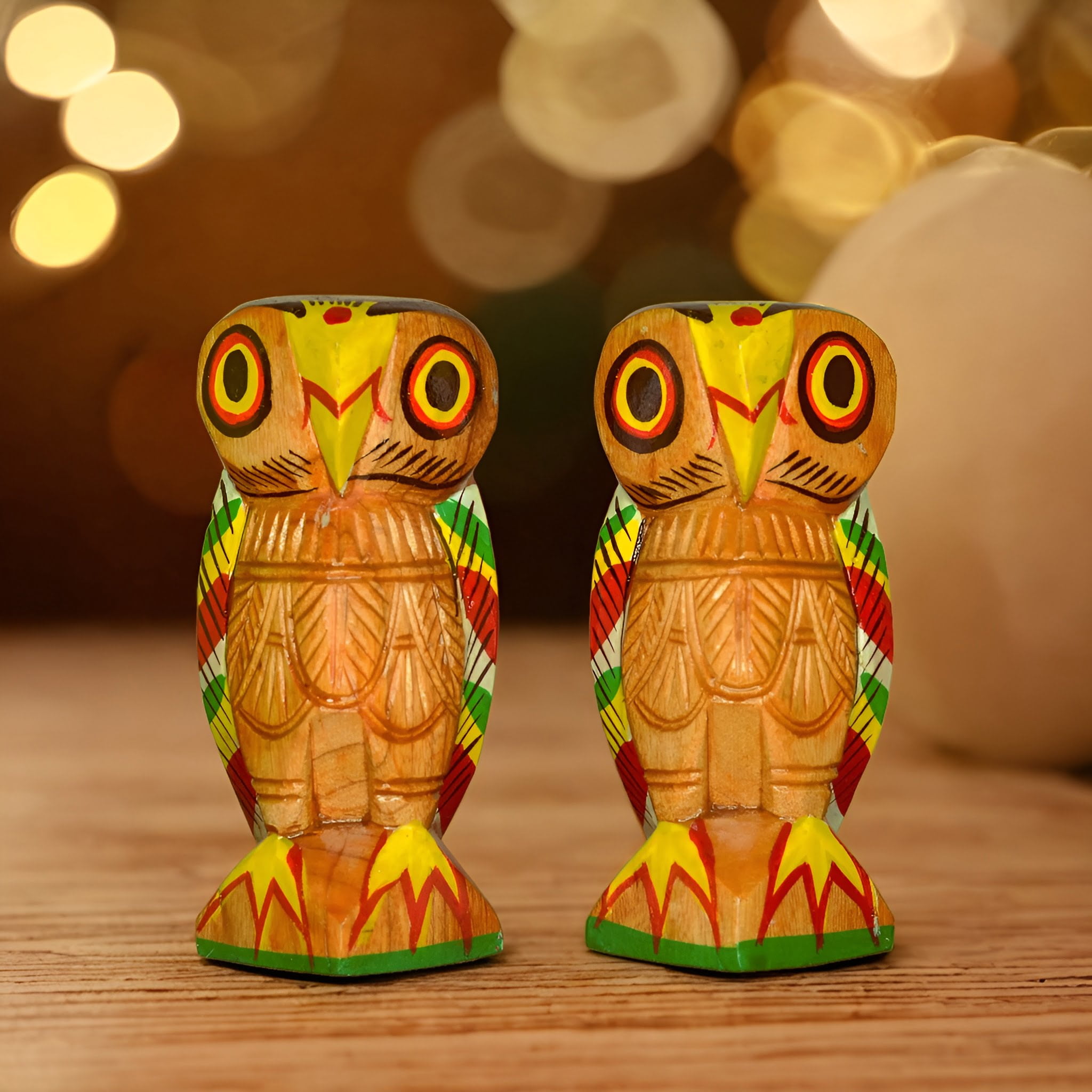 Wooden Owl Doll Pair Carving 5.5 inch-Natungram Burdwan- Handcarved Unique Decorative Showpiece (Wood, Livingroom, Showpiece, Gift, Decor, Home Decor)