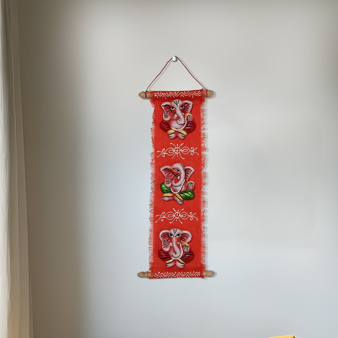 Terracotta Ganesha Face on Jute Wall Hanging, Orange, Handmade & Hand Painted