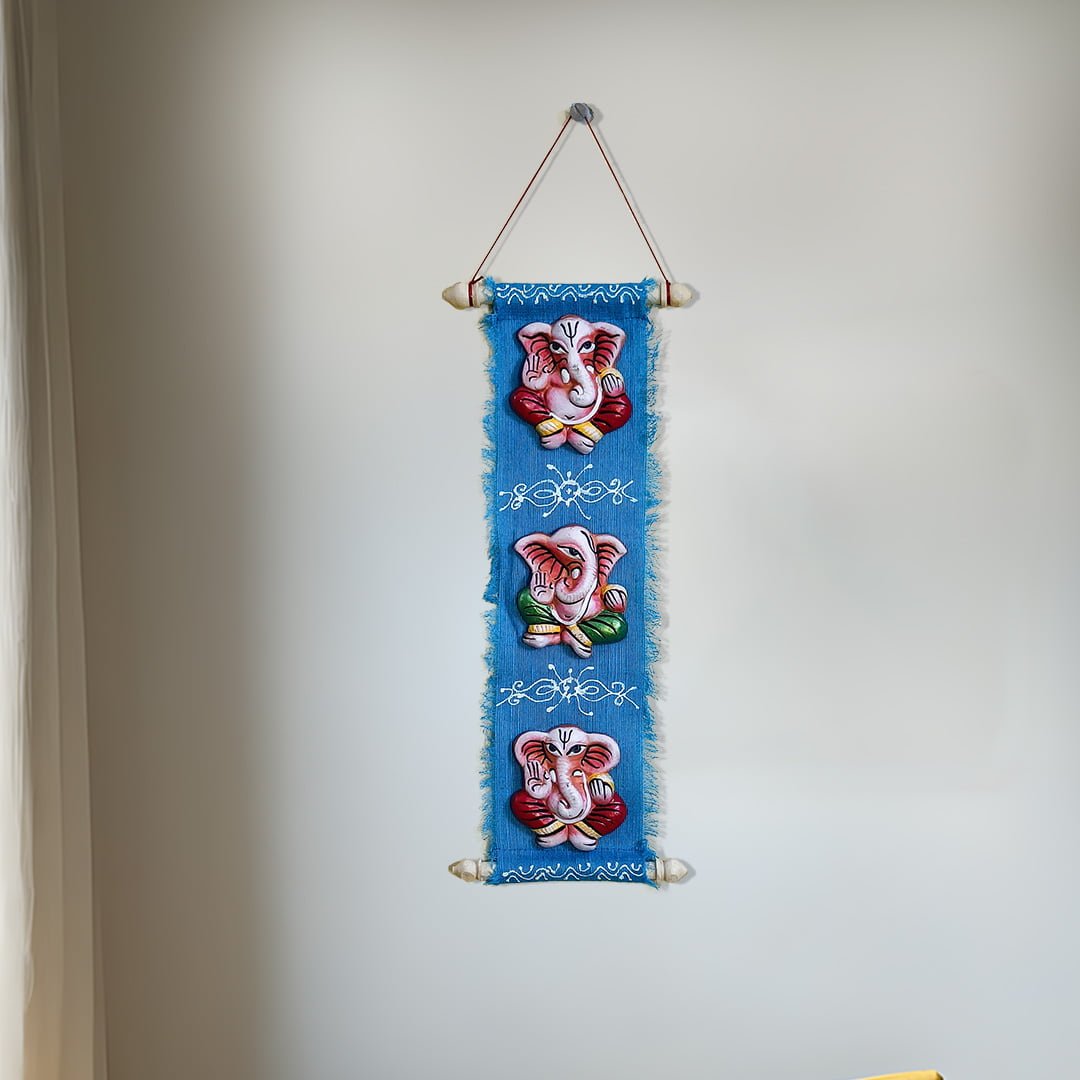 Terracotta Ganesha Face on Jute Wall Hanging, Blue, Handmade & Hand Painted