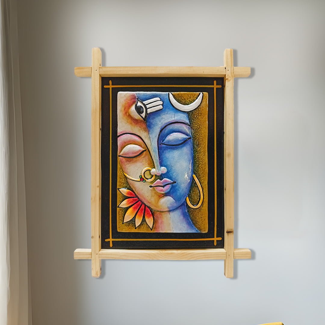 Terracotta Hara Gouri in Wooden Frame, Handmade & Hand Painted Wall Hanging