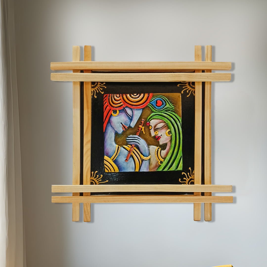 Terracotta Radha Krishna in Wooden Frame, Handmade & Hand Painted