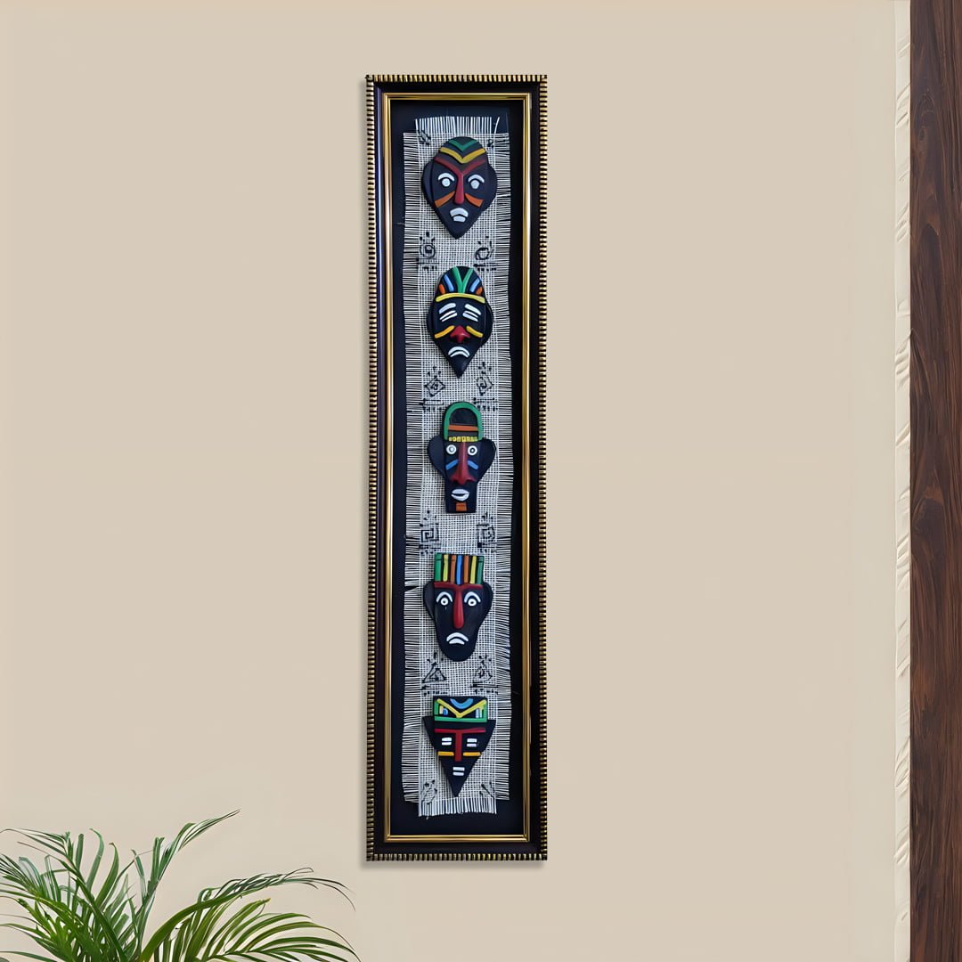 Terracotta Tribal Face Mask Frame, 22 inch x 5 inch, Handmade, Hand Painted Wall Hanging