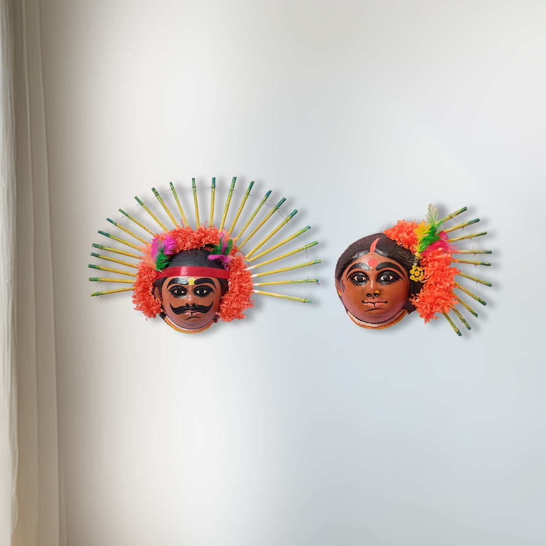 Tribal Mask Pair with Stick, Paper Pulp, Purulia, Handmade Wall Hanging